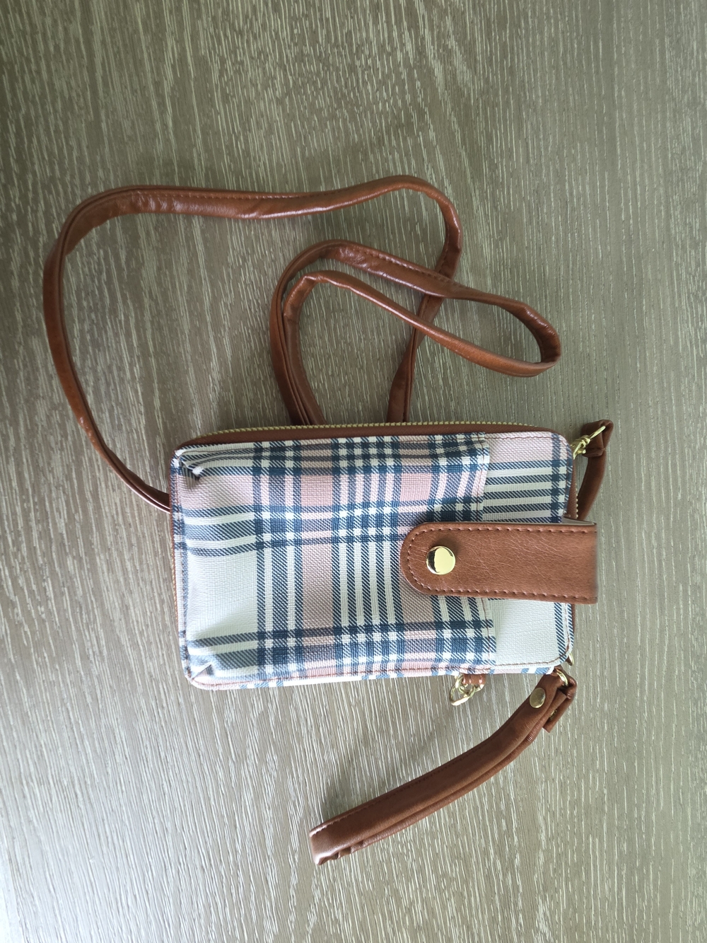 Classic Plaid Crossbody Bag with Tan Trim